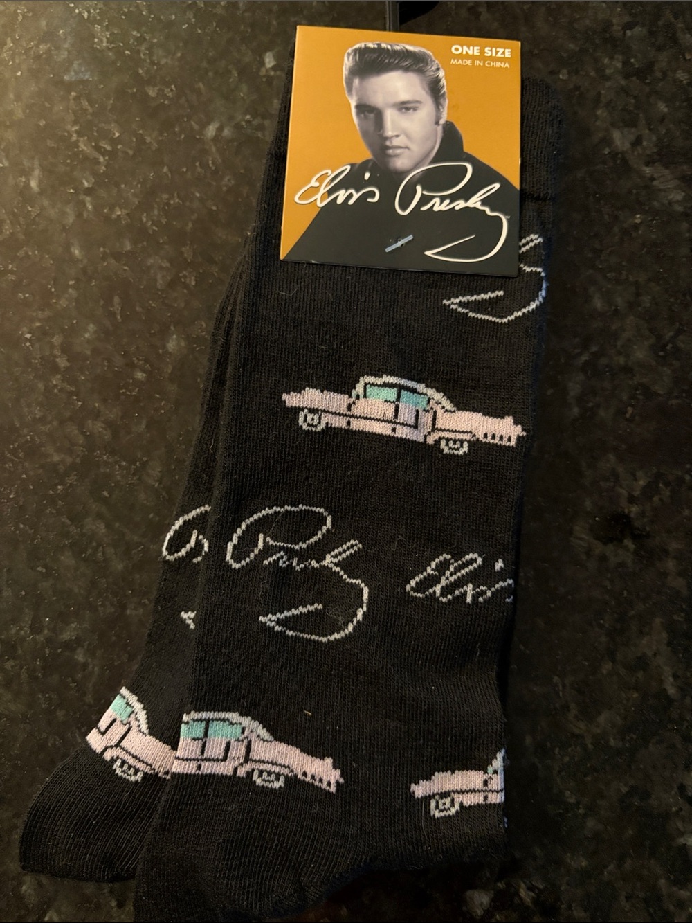 Elvis Presley Black Crew Socks with Pink & Teal Car Motif